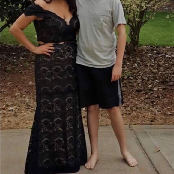 two piece, black laced off the shoulder prom dress